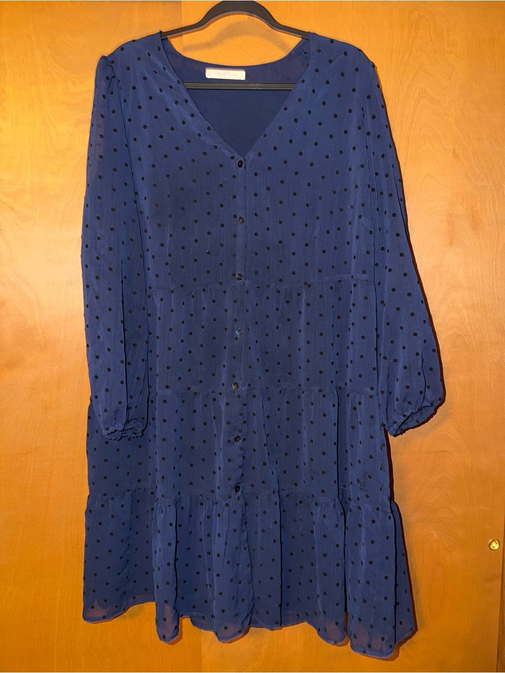 Navy Polka Dot V-Neck Tiered Long-Sleeve Dress